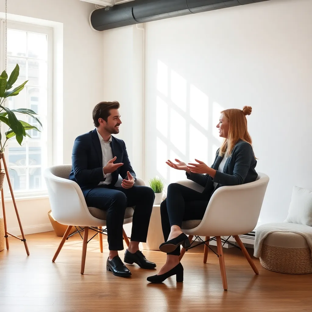 Een coach en cliënt in gesprek in een lichte, inspirerende ruimte in Amsterdam