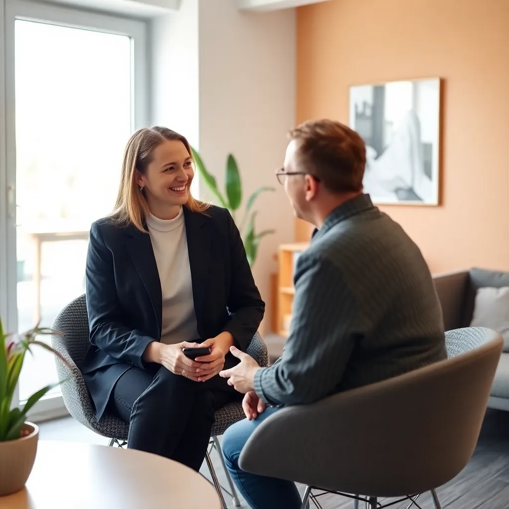 Een coach en cliënt in gesprek in een lichte, moderne Nederlandse coachingspraktijk