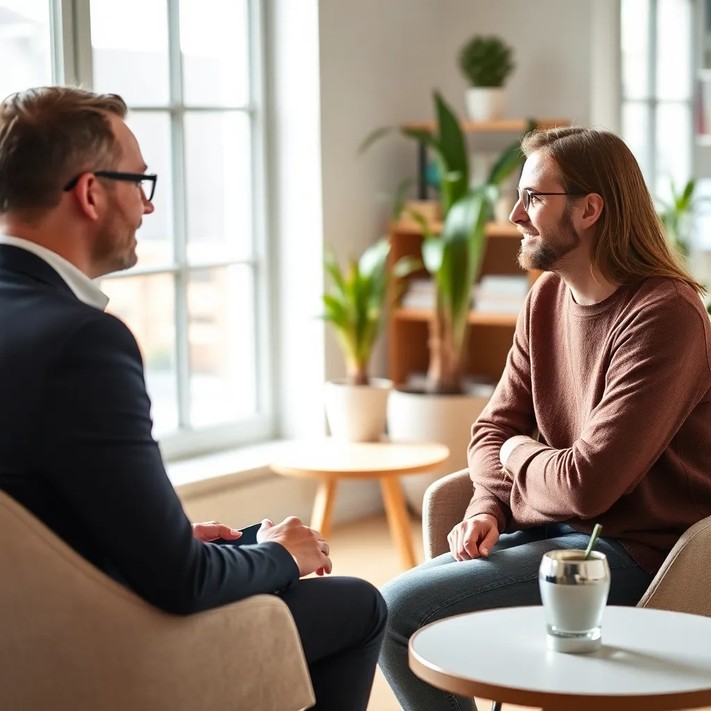 Coach en cliënt in gesprek tijdens een coachingsessie in een lichte ruimte