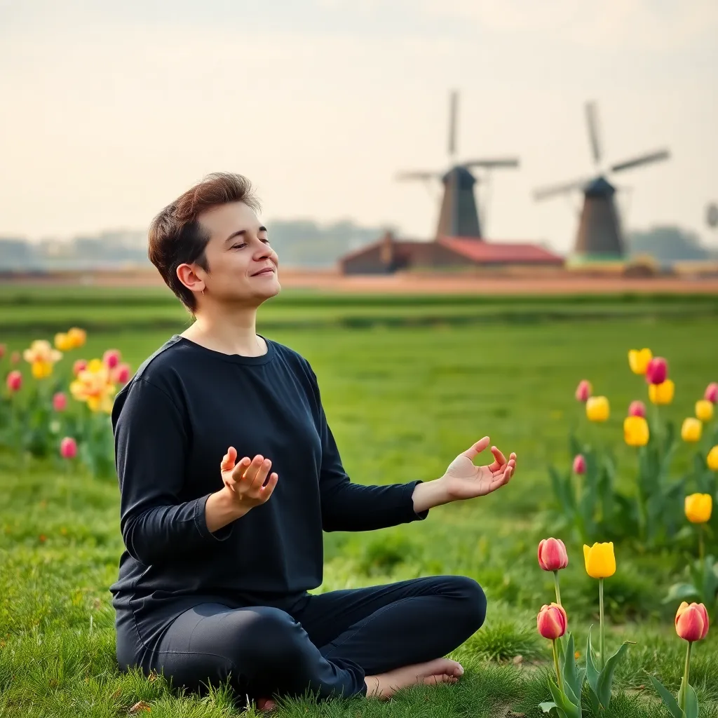 Een persoon die mediteert in een rustige Nederlandse natuuromgeving