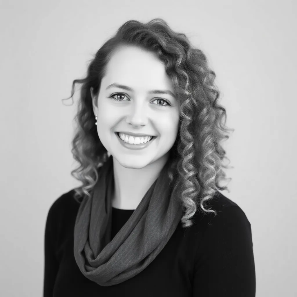 Portret van Emma, een jonge vrouw met krullend haar en een vriendelijke glimlach