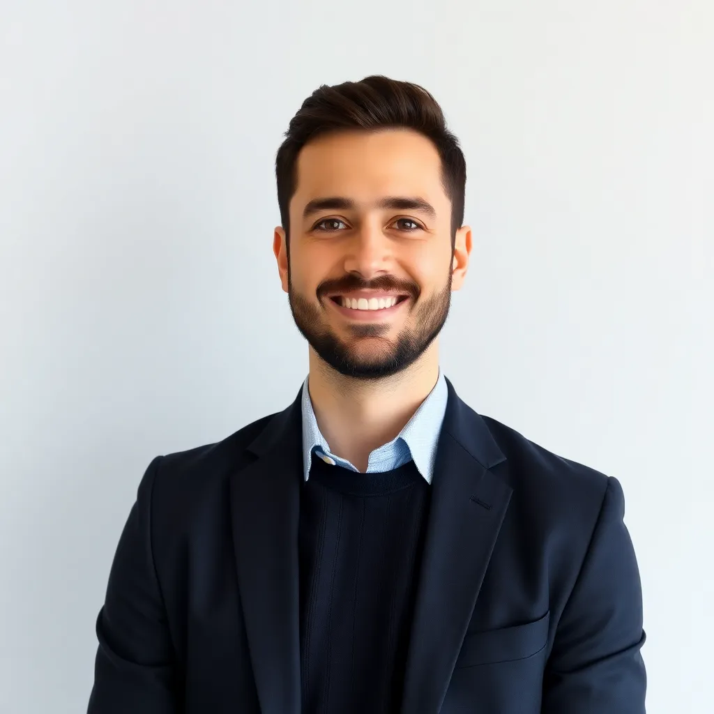 Portret van Miguel, een man van in de dertig met een baard en casual zakelijke kleding